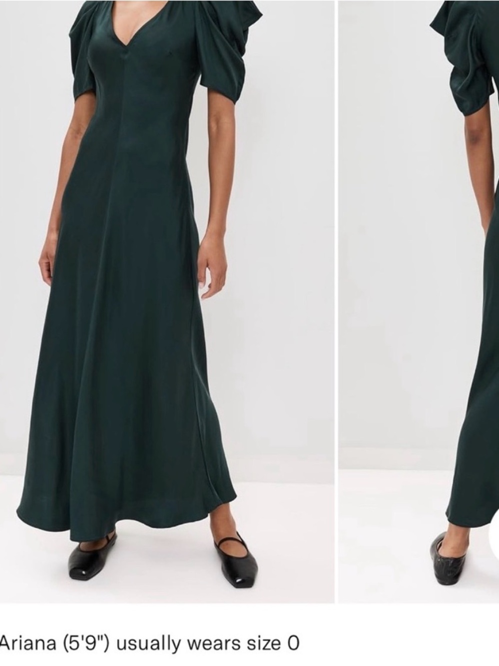 THE GREAT. Dark Green Satin Maxi Dress with Short Puff Sleeves - Picture 3 of 8